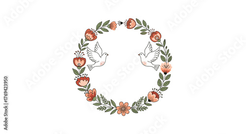 Hand-drawn floral wreath with two peace doves, symbolizing love and harmony in nature, on a white background.