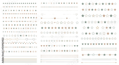 A collection of delicate star, heart, circle, and line borders in muted pastel colors, perfect for decorative designs and creative projects.
