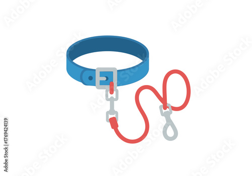 A blue pet collar with a silver buckle attached to a red leash with a clip, isolated on a white background.