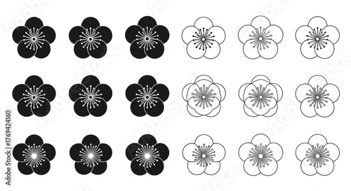 A collection of stylized black and white five-petal Japanese plum blossom patterns, presented as solid silhouettes and intricate outline illustrations.