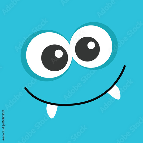 Blue monster face head banner. Happy Halloween. Cute square monster. Spooky happy smiling face emotion. Boo. Eyes, mouse, teeth fang. Flat design. Baby kids background. Vector illustration