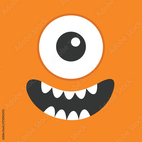 Orange monster face head banner. Happy Halloween. Cute square monster. Spooky happy smiling face emotion. Boo. One Eye, mouse, teeth fang. Flat design. Baby kids background. Vector illustration