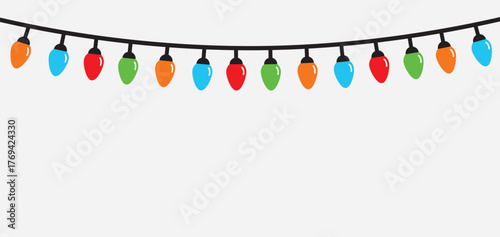Lightbulb glowing garland line. Christmas lights set. Colorful string fairy light. Cartoon festive holiday xmas decoration. Simple Flat design. Whitebackground. Isolated. Vector illustration