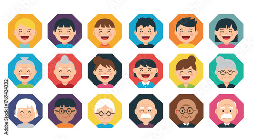 Diverse group of happy cartoon faces, featuring children, adults, and seniors, in colorful octagonal frames.