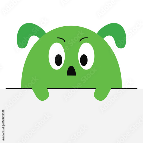 Happy Halloween. Peeking Monster icon hanging hands on paper. Funny face head green silhouette. Cute kawaii cartoon baby character. Eyes teeth ears. Sad face. Flat design. White background. Vector
