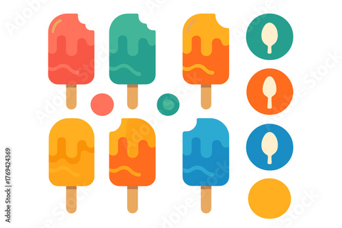 Brightly colored frozen popsicles on sticks with bites taken out and matching circular icons