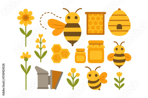 Cute honey bees, flowers, beehive, honeycomb, and jars of sweet natural honey