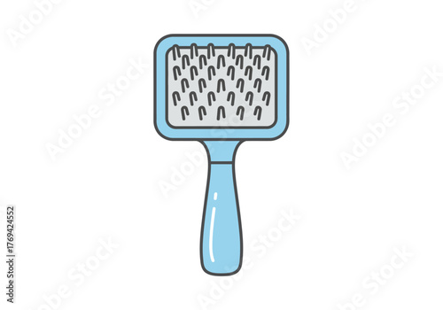 A simple cartoon illustration of a light blue pet grooming slicker brush with many pins.