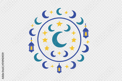 Decorative circular frame with crescent moons, stars, and Arabic lanterns for Islamic holidays