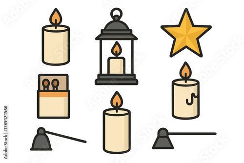 Burning candles, decorative lantern, matchbox, star, and candle snuffer tools set