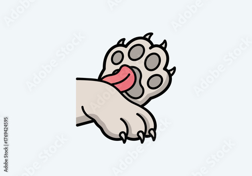 Cartoon illustration of a dog's paw with its tongue sticking out, licking the paw.