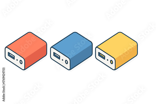 Three colorful portable power banks in isometric view for charging mobile devices