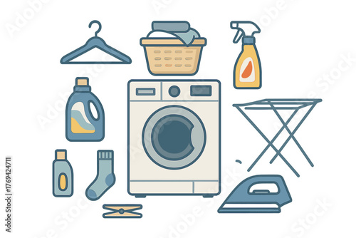 Set of essential household laundry equipment and cleaning supplies including washing machine, iron, detergent, and clothes basket