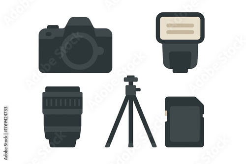 Professional photography equipment set with camera body lens flash tripod and memory card