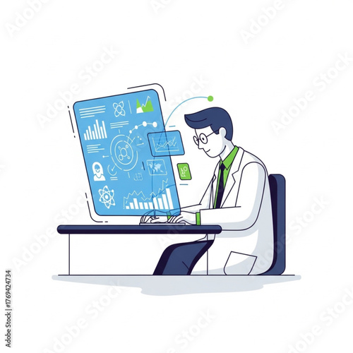 Scientist analyzing data on a futuristic holographic computer interface.