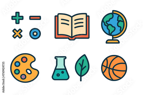 Colorful flat icons set representing school subjects, learning, science, art, and sports