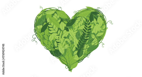A lush heart shape formed by a vibrant collection of green leaves and intertwining vines, symbolizing nature, growth, and environmental care.