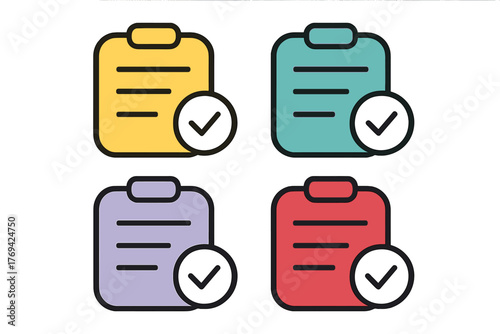 Colorful checklist icons showing completed tasks or approved documents with large checkmarks