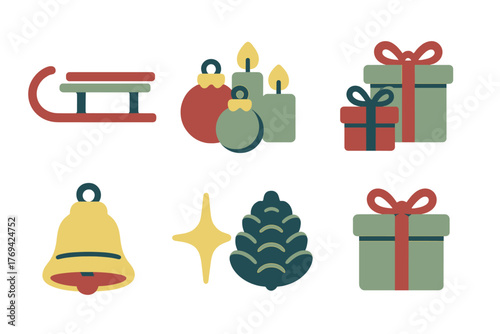 Festive winter holiday icons collection with sleigh, candles, ornaments, gift boxes, bell, and pine cone