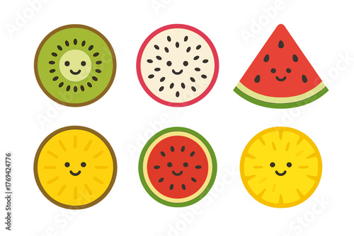 Happy tropical fruit slices characters including kiwi, dragon fruit, watermelon, and pineapple