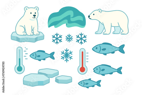 Cute Arctic animals and winter climate elements set with polar bears, fish, ice, and thermometers