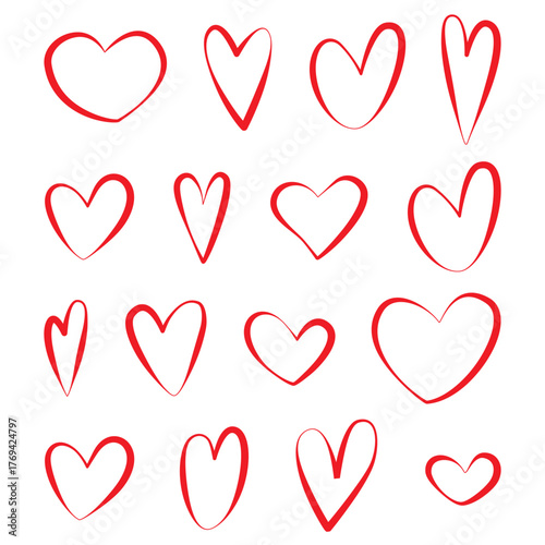 Red heart set. Hand drawn red heart icons collection. Symbol of love on white background. Vector design elements for Valentine's Day, weddings and birthdays. 