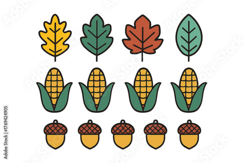 Colorful autumn harvest elements featuring fall leaves, ripe corn cobs, and brown acorns