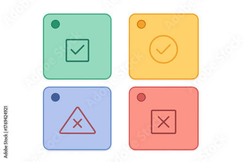 Four colorful status icons representing success confirmation warning and failure states