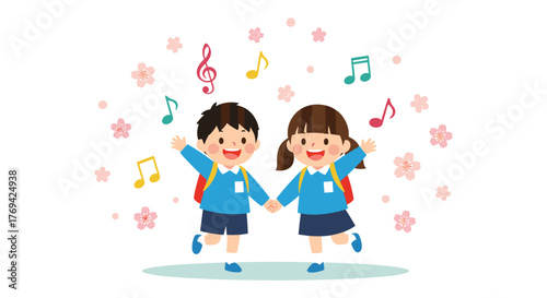 Cheerful boy and girl in school uniforms holding hands, surrounded by musical notes and cherry blossoms, celebrating a happy moment.