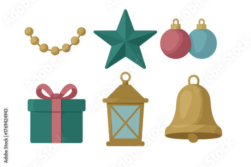 Festive holiday decorations collection featuring a star, gift box, ornaments, bell, lantern, and garland set