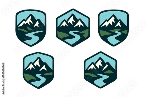 Set of outdoor adventure badges featuring mountain, river, and forest landscape designs in geometric shapes