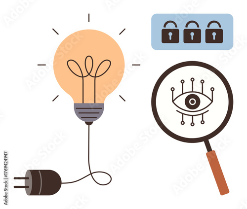 Light bulb connected to plug symbolizes innovation, magnifying glass with eye and circuit design represents digital analysis, locks indicate data security. Ideal for technology, security, innovation