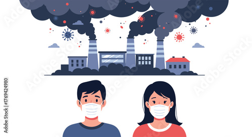 Industrial factories release dark smoke and virus particles into the polluted air, while a man and a woman wear face masks for protection.