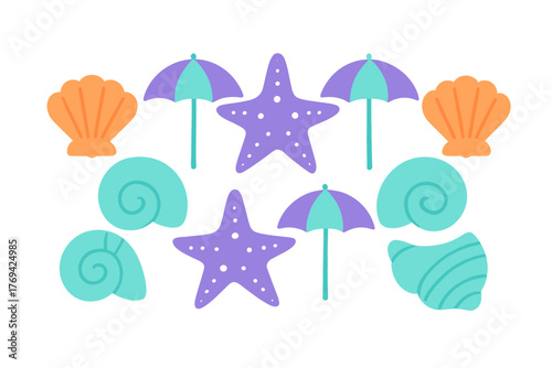 Bright summer beach elements with starfish, seashells, and striped umbrellas