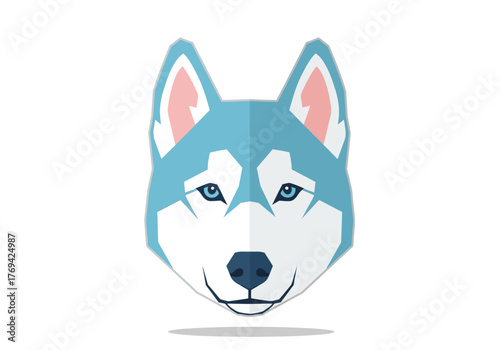 A stylized, geometric illustration of a husky dog's face with piercing blue eyes and a light blue and white coat.