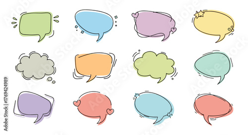 Hand-drawn collection of colorful speech and thought bubbles, designed in a sketchy doodle style for various communication needs.
