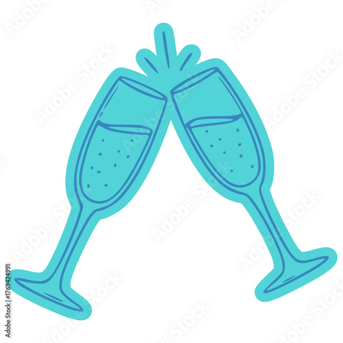 A stylized illustration of two blue champagne glasses clinking together in a celebratory toast.