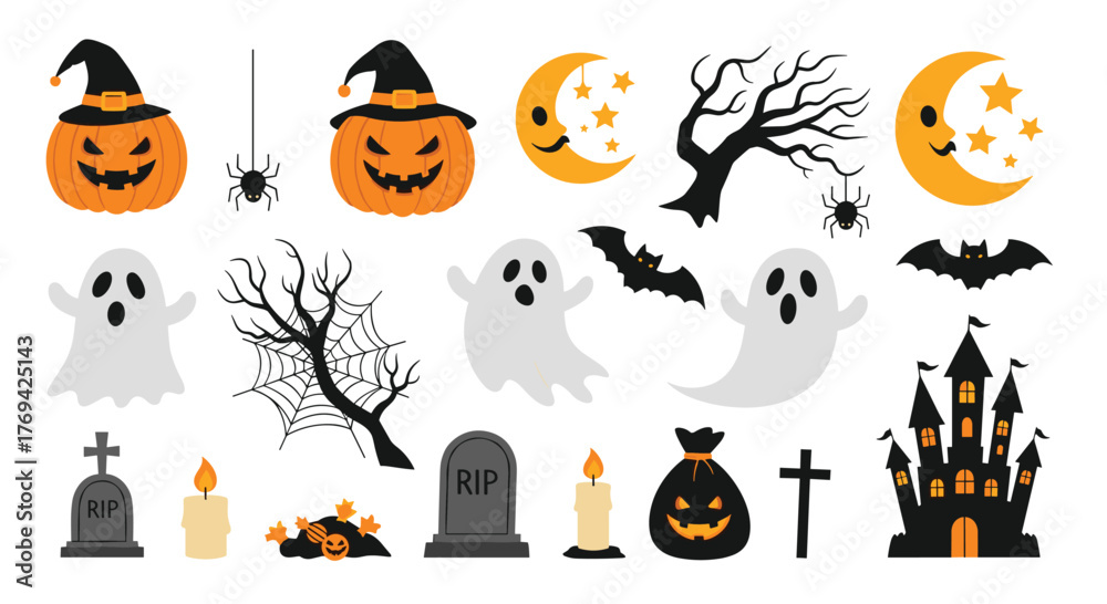 Fototapeta premium Flat design collection of various Halloween holiday elements including jack-o'-lanterns, ghosts, bats, and spooky castles, isolated on white.