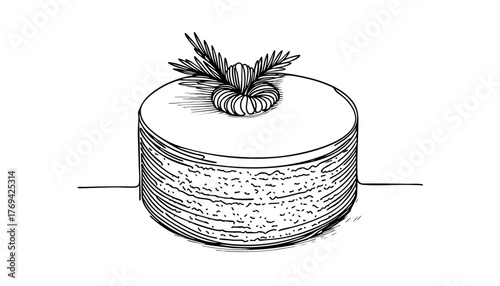 Single line drawing in modern minimalist style of Lamington cake dessert on white background with copy space