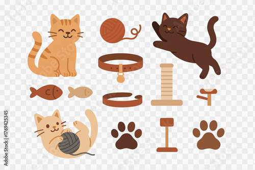 Cute feline characters and playful kittens with essential pet supplies