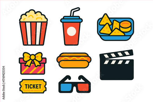 Colorful icons set of cinema snacks, beverages, and film production accessories
