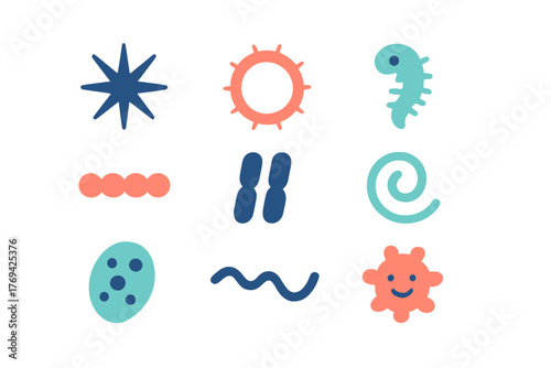 Abstract microscopic organisms and biological cell shapes collection in flat design