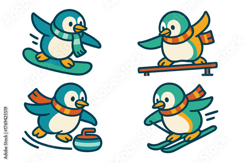 Cute cartoon penguins wearing scarves participating in winter sports activities like skiing and curling