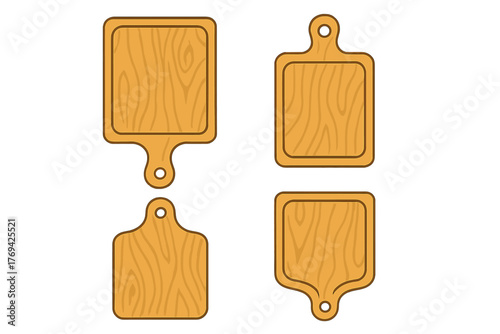 Four different shapes of wooden cutting boards with handles and natural wood grain texture pattern