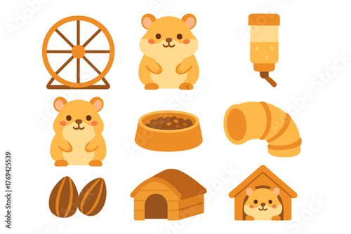 Cute cartoon hamster character with essential cage accessories set including wheel, food, and house