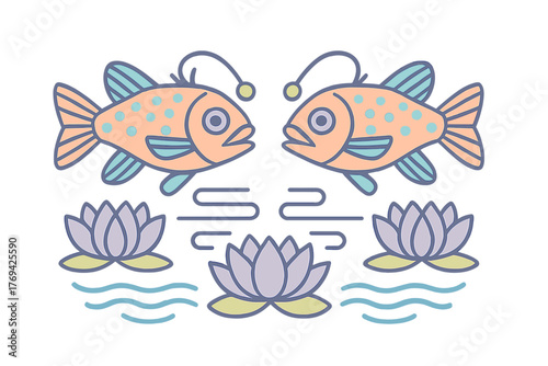Symmetrical arrangement of two stylized anglerfish facing each other with lotus flowers and water