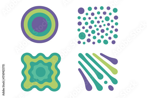 Abstract geometric shapes set featuring concentric circles, scattered dots, and wavy layered forms