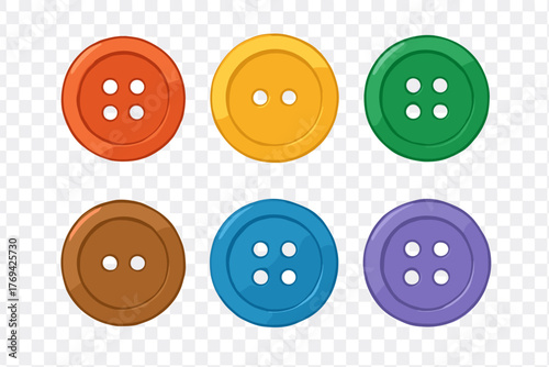 Set of six colorful plastic sewing buttons with two and four holes for tailoring