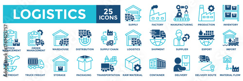 Logistics icon collection set. Containing supply, factory, manufacturing, production, inventory, stock management, order management, warehouse icon. Simple dual tone vector illustration.	