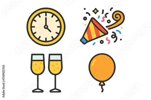Festive New Year's Eve celebration icons including clock, confetti, champagne, and balloon graphics